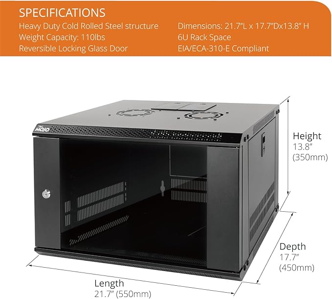 Tecmojo 6U Wall Mount Server Cabinet IT Network Rack Enclosure Lockable Door and Side Panels Black, Cooling Fan, Standard Glass Door, 450mm Depth, for 19” IT Equipment, A/V Devices