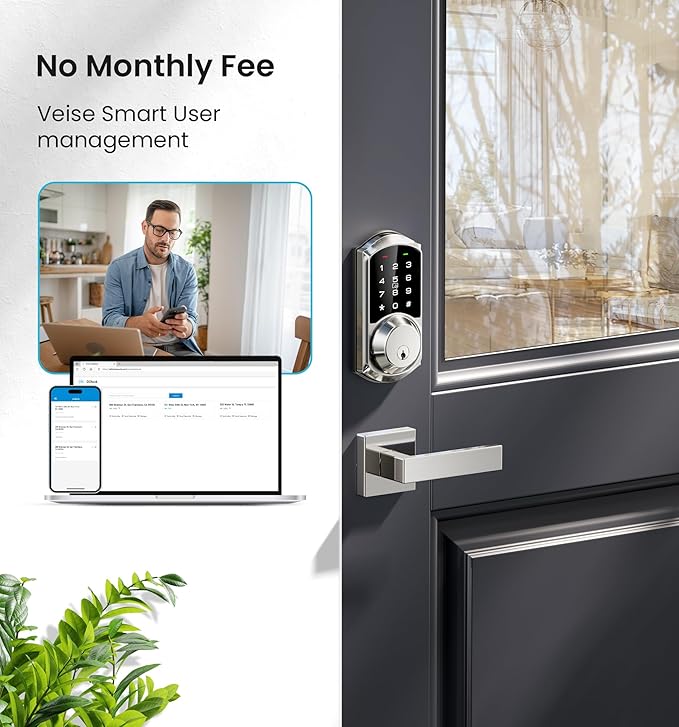 Veise VE06-L Smart Locks with 2 Lever Handle Set, App Control, Keyless Entry Deadbolt for Front Door, Electronic Digital Touchscreen Keypad, Auto Lock, Waterproof, Easy Installation, Satin Nickel