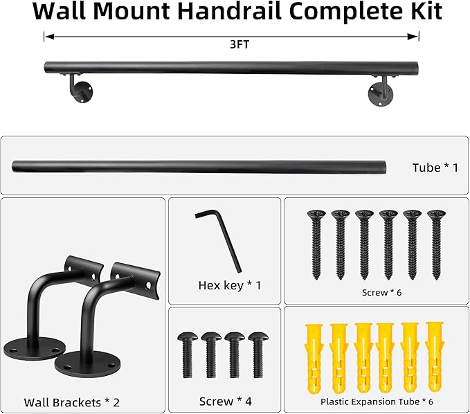 36 Inch No-Slip Black Stair Railing Indoor - 3 FT Inside Staircase Handrail, Outdoor Steps Hand Rails, Deck Banister Rail, Safety Grab Bar for Eldely