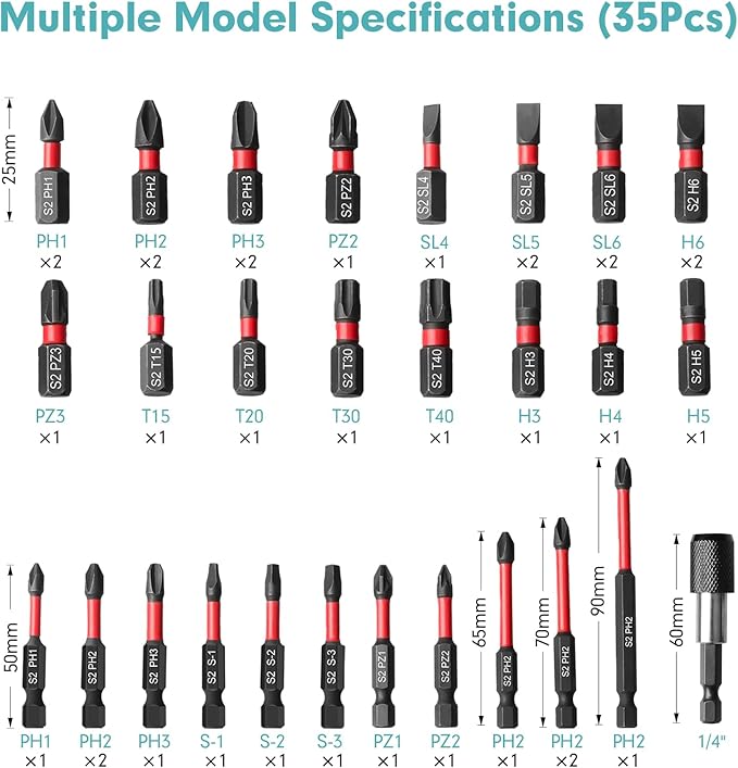 35Pcs Screwdriver Bits Set S2 Steel Screwdriver Impact Kit With a Storage Case, Used for Power Screwdrivers and Electric Drill Drivers