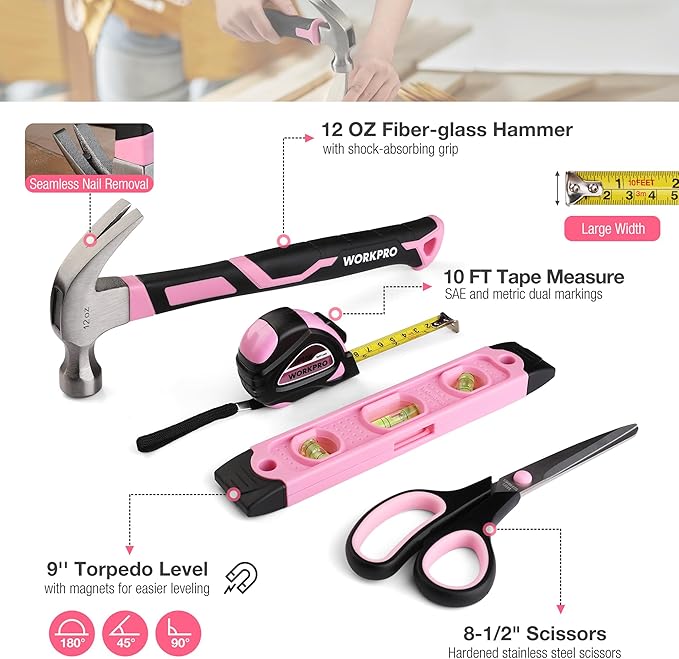 WORKPRO Pink Tool Set, 258 PCS Tool Kit for Women, Basic Household Tool Box with Hammer, Screwdriver Set, Portable Toolkit for Home Repair, New Apartment, House-Warming, DIY - Pink Ribbon