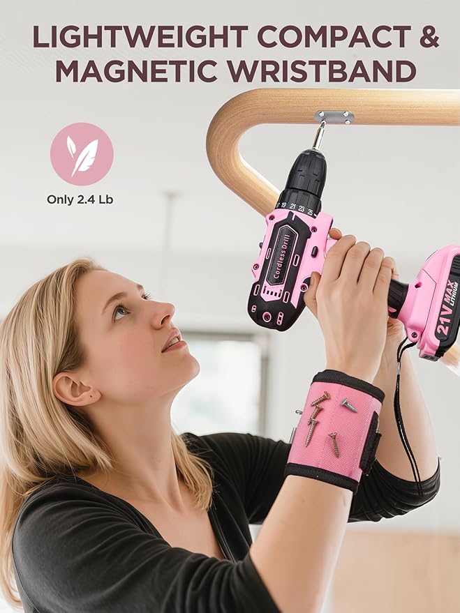 Pink Cordless Drill Set 21V, 154 PCS Tool Kit for Women with Storage Bag, Power Electric Drills, Precision Screwdriver Set, Hammer, Pliers, Magnetic Wristband and Accessories for DIY Home Repair Gift