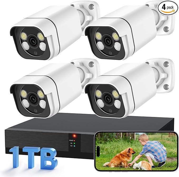 4K Security Camera System, 4pcs 2K PoE Wired Turret Cameras with Human Detection and 2 Way Talk, Color Night Vision, 8MP 4CH NVR with 1TB Hard Drive for 24/7 Local Recording, No Subscription