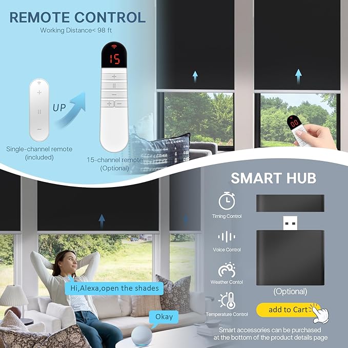 Motorized Blinds with Remote Control【Solar Panel Included】 100% Blackout Smart Roller Blinds Automatic Blinds for Windows Cordless Electric Shades Compatible with Alexa Black,34" W*72" H