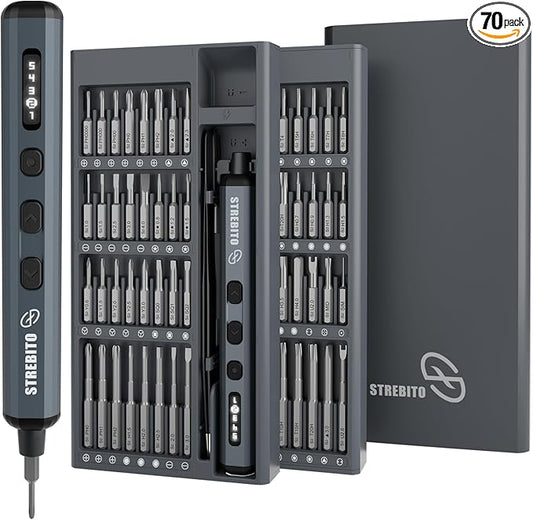STREBITO Mini Electric Screwdriver Set, 70-in-1 Max Precision Electric Screwdriver Kit with Lights, 5 Upgraded Torque Levels, 64 Magnetic Bits, Electric Screwdriver Cordless for PC RC Electronics