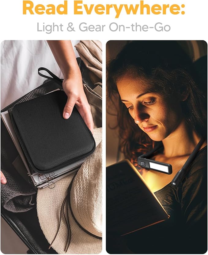 Book Light with EVA Case: Rechargeable Eye Caring 3 Color Dimmable Neck Reading Light, Bendable Neck Lamp with Power Display, Reading Lamp Knitting Crochet Accessories Neck Lights for Crafts