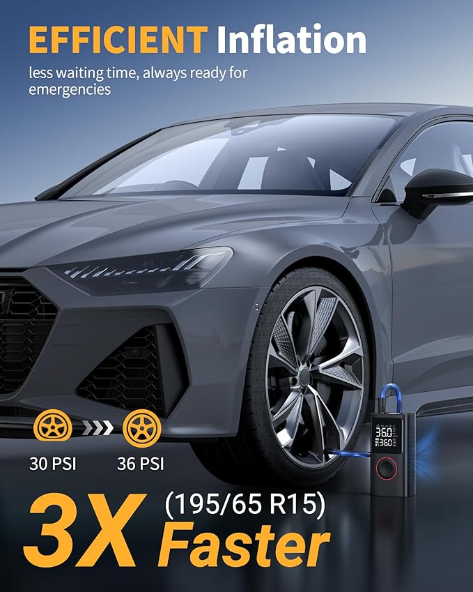 Tire Inflator Portable Air Compressor, 150 PSI Cordless Bike Pump, Air Pump for Auto, Motorcycle, Bicycle, Balls with Pressure Gauge, LED Light & Car Accessories, Black, Medium