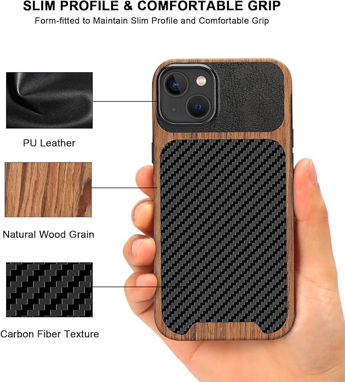 TENDLIN Compatible with iPhone 15 Plus Case Wood Grain with Carbon Fiber Texture Design Leather Hybrid Slim Case (Compatible with MagSafe) Black