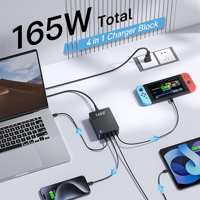 2025 Latest USB C Fast Charger,165W GaN 4-Port Charging Station Hub Block Cube, USB C Wall Charger Blocks with Dual Type C Ports,for iPad/iPhone 17 16 15 14 13 12 Pro Max Pixel Note Galaxy