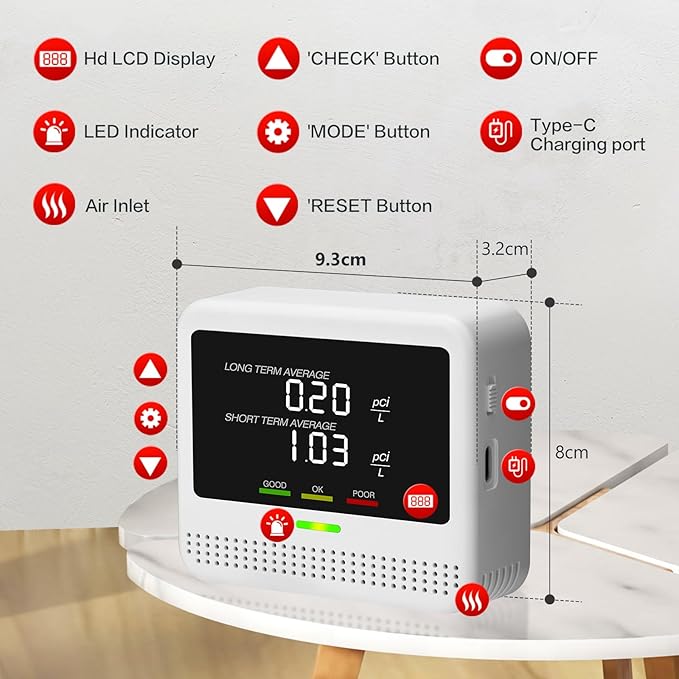 Digital Radon Detector - User-Friendly Desktop Device with HD LCD Display, 2-3 Years of Battery Life on 6-Hour Charge, 10-Year Sensor Lifespan, Perfect for Accurate Home and Office pCi/L Reading