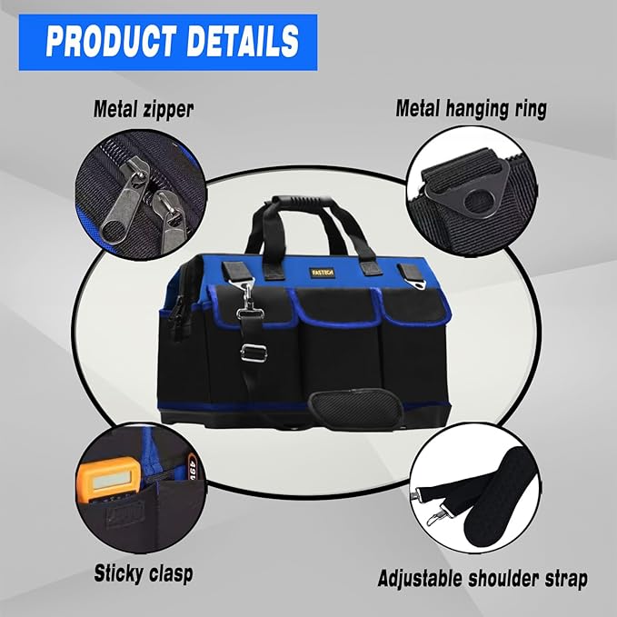 22 Inch Bottom Tools Bag With Wide Mouth For Tool Storage, Carrier and Organizer, Heavy Duty Tool Tote Bag For Men/Women, Wide Mouth Tool Bag With Inside Pockets (22 Inch)