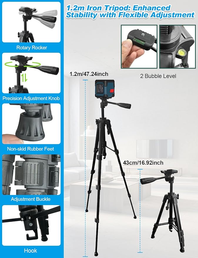 Laser Level, RockSeed Cross Line Laser with Self-Leveling, Vertical and Horizontal Line, Rotatable 360 Degree, Carrying Pouch, Battery Included (Green with 47 inch Tripod)