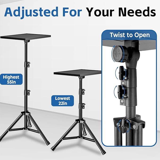 Projector Stand, 33LB Load Bearing & 22-55" Height Adjustable, for Projector/Laptop/DJ Gear, Outdoor/Office/Studio - Stable Base (Black)