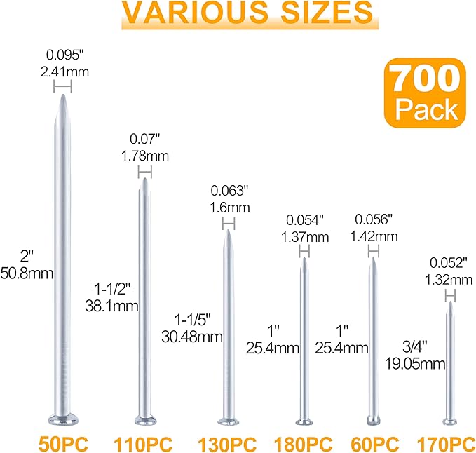 KURUI 700pcs Hardware Nails for Hanging Pictures, Up to 2"-Long Finish Nails Assortment Kit for Wall Art Decor, 640 Frame Nails and 60 Small Finishing Nails for Drywall Wood - Silver Picture Hangers