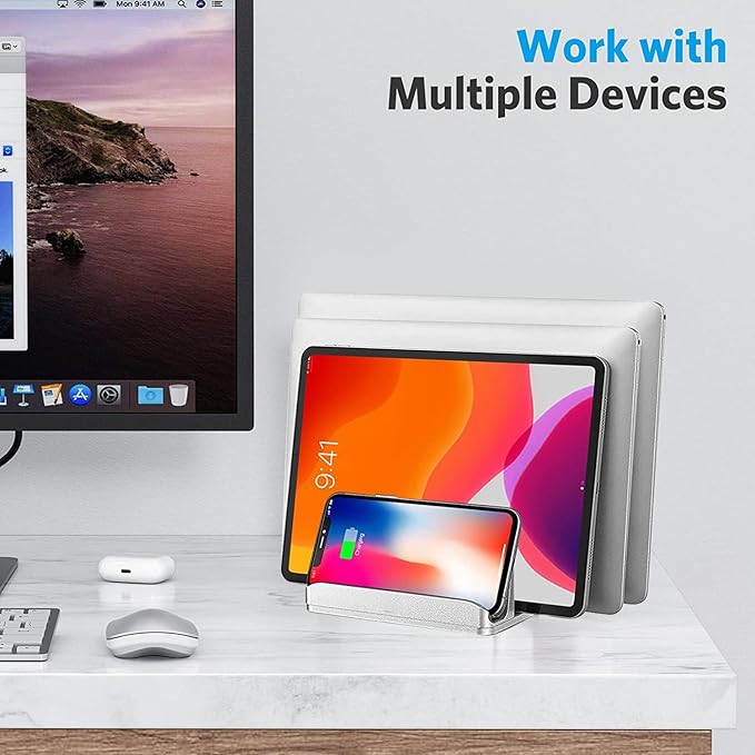 Vertical Laptop Stand [Updated Version],3-Slot Space-Saving Aluminum Desktop Stand Holder with Adjustable Dock Size Compatible for All MacBook/HP/Dell/Surface/Samsung/Chrome Book(Silver)