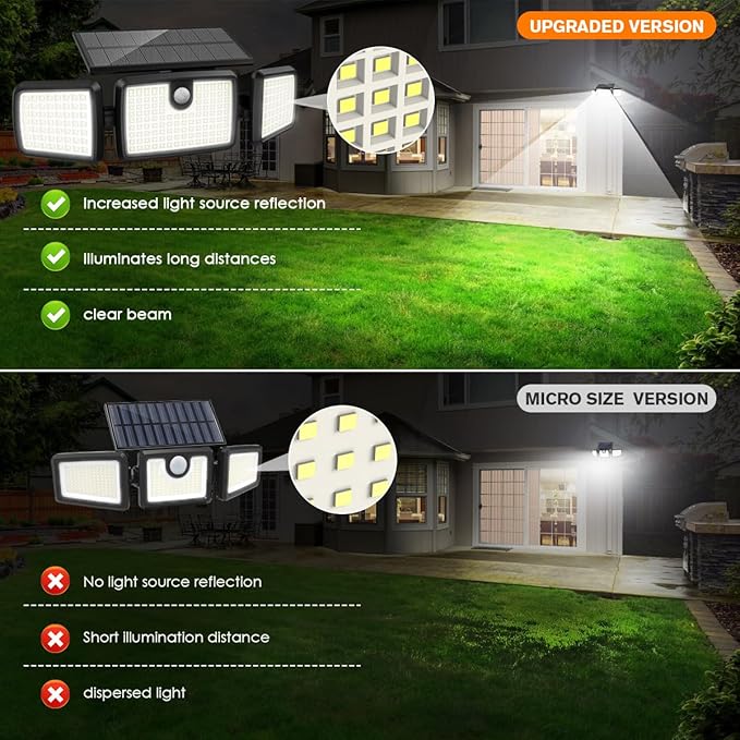 Solar Lights Outdoor, 3 Head Solar Motion Lights Outdoor with 2500LM 232 LEDs High Brightness, Built-in Bigger Tempered Glass Solar Panel, Sensitive PIR Motion Inductor(3-Pack)