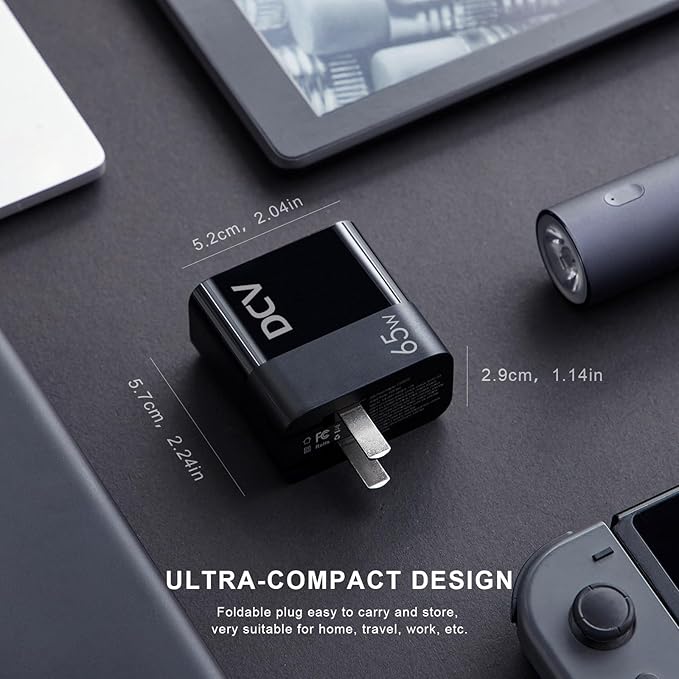 DCV 65W USB C Charger, GaN 3-Port Fast Charging Block with LED Digital Display, PD/PPS/QC 3.0 Foldable Wall Charger for Laptops, MacBook, iPhone 15/14/13, iPad Pro, Galaxy S23/S22, Note 20/10 (Black)