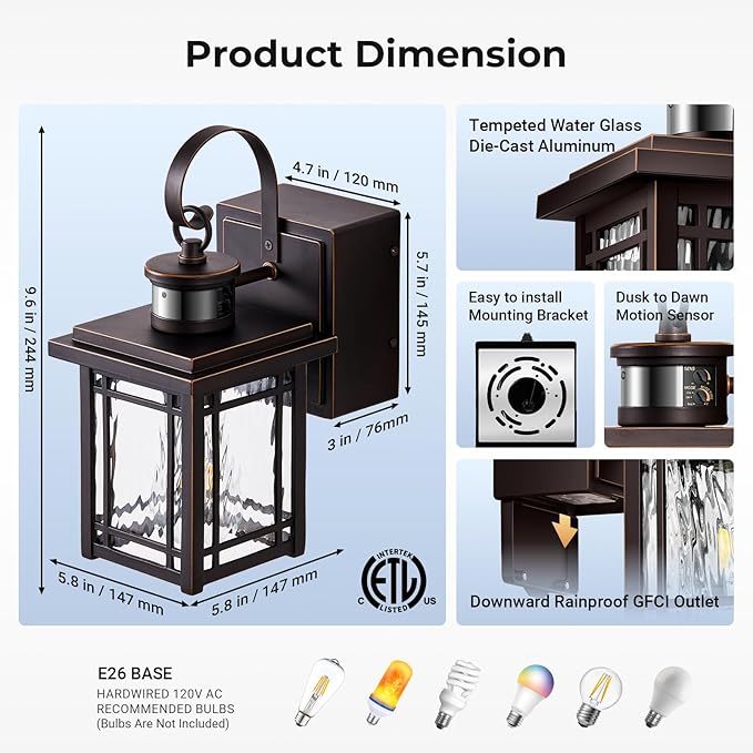 Porch Light with GFCI Outlet, Motion Sensor Outdoor Wall Light Wall Mount, Oil Rubbed Bronze Exterior Lighting Fixtures, Outdoor Sconce Light Wall Lantern, Exterior Garage Lights for Coach