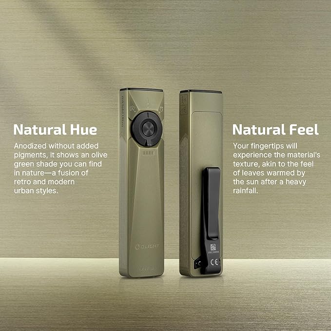 OLIGHT Arkfeld Ultra 1400 Lumens EDC Flat Flashlight, Rechargeable Compact Pocket Flash Light Combines White LED, UV and Green Beam, Triple Sources Perfect for Checking, Working (Olive-Green NW)