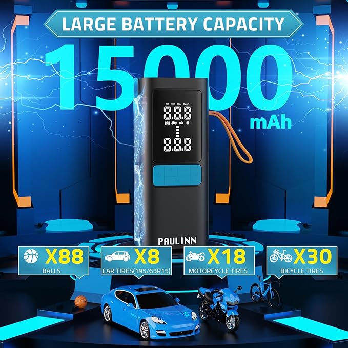 Tire Inflator Portable Air Compressor, 3X Faster 150 PSI 15000mAh Cordless Air Pump for Car with Gauge Dual LCD Display, LED Light & Auto Shut-Off, Tire Pumps for Automobiles/Car/Motor/Bicycle/Ball