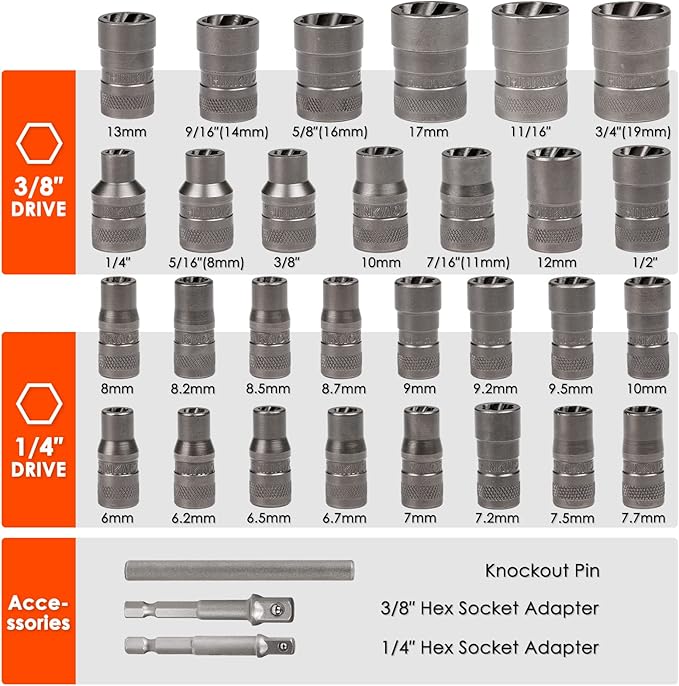 THINKWORK Bolt Extractor Kit, 32-Piece Nut Extractor Socket Set, 1/4" & 3/8" Drive Rounded Bolt Remover, Lug Nut Removal Tool for Damaged, Rusted, Rounded-Off, Stripped Fasteners