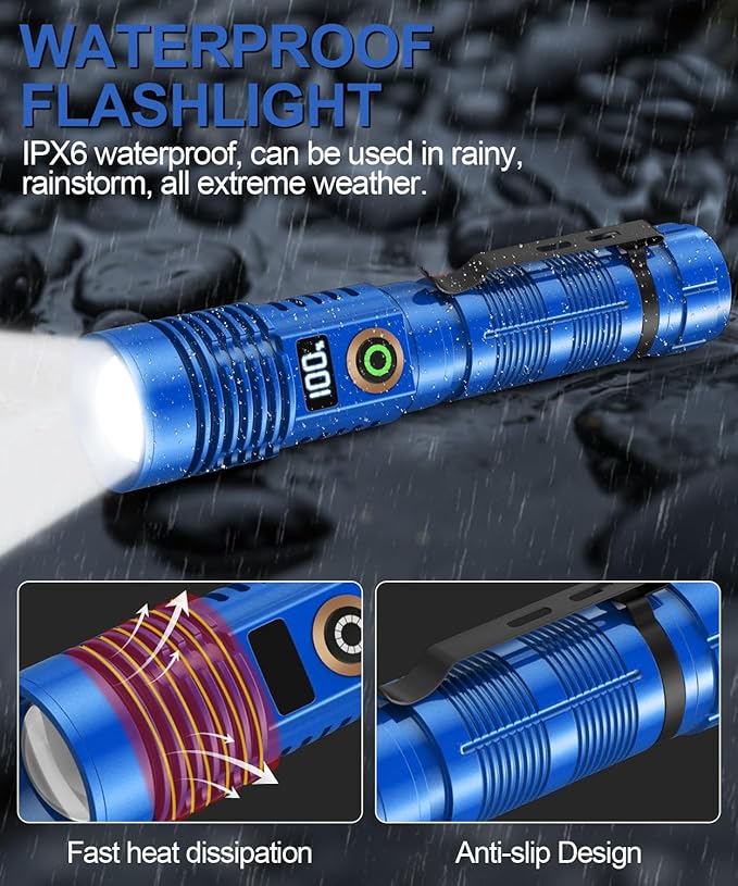 Rechargeable Flashlight High Lumens- Super Bright Magnetic Flash Light with Power Digital Display, Long Range,Dimmable,Waterproof,Pocket Tactical LED Flashlights for Emergency, Blue, 1PC