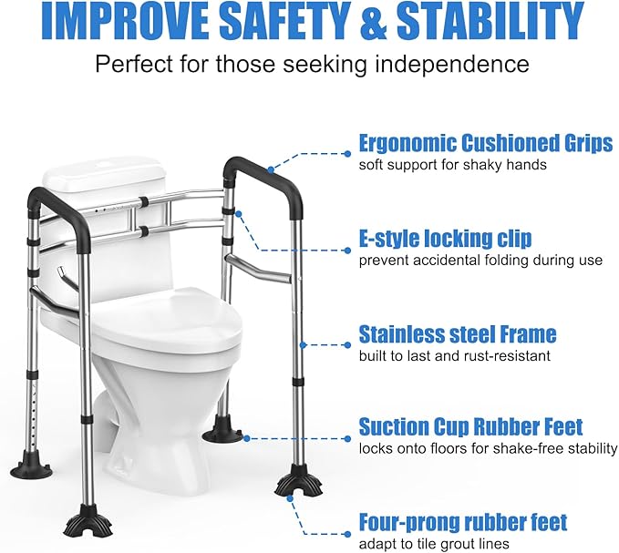 Toilet Safety Rail, 380LB Stainless Steel Toilet Frame with Padded Handles&Paper Holder, Adjustable Detachable Handicap Toilet Rails, Foldable Toilet Support Frame for Elderly