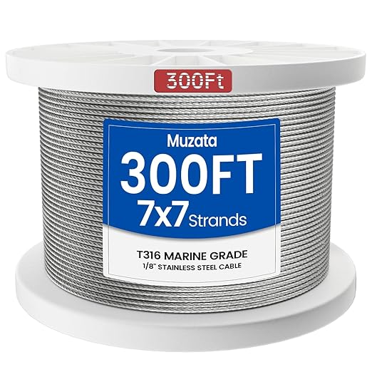 Muzata 300 ft 1/8" Stainless Steel Cable Railing System Hardware T316 Stainless Steel Wire Rope 7x7 Strands 1800 lb Breaking Strength Deck Cable Railing Kit for Indoor Outdoor Coastal WR02