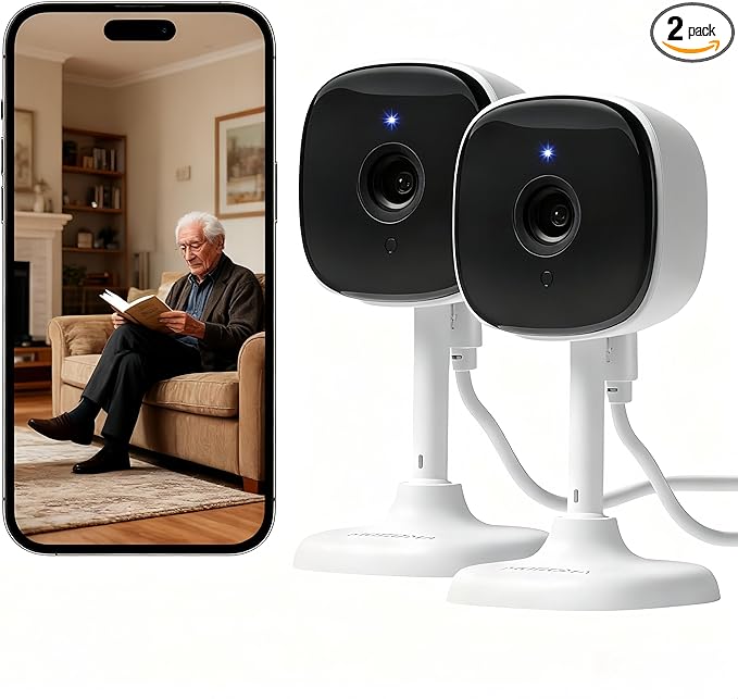 2 Pack Indoor Camera, Baby/Pet/Elderly Security Cameras, AI Motion Detection, 24/7 Recording, Night Vision, Compatible with Alexa & Google Assistant, SD Card & Cloud Storage, 2.4GHz WiFi