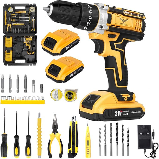 Cordless Drill Tool Kit Set: 21V Power Drill Tool Box with Battery, 2-Speed, 42N.m Max, Electric Screwdriver Driver for Men Home Hand Repair Basic Toolbox Tools Sets Drills Case