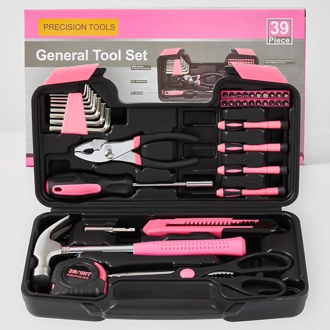 39 Piece Tool Set General Household Hand Kit With Storage Case Basics Tools for Home, Garage, Office and College Dormitory Use (Pink)