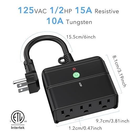 BN-LINK Outdoor Indoor Wireless Remote Control 3-Prong Outlet Weather Proof Heavy Duty 15 AMP Compact (Black) 3 Grounded Outlets with Remote 6-inch Cord 100ft Range ETL Listed