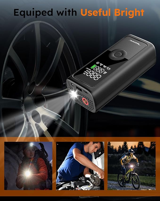 VEEAPE Tire Inflator Portable Air Compressor, 6X Faster Cordless Car Tires Air Pump with Auto-Shutoff Digital Pressure Gauge LED Light Portable Air Pump Tire Inflator for Car, Bike, Motorcycle, Ball