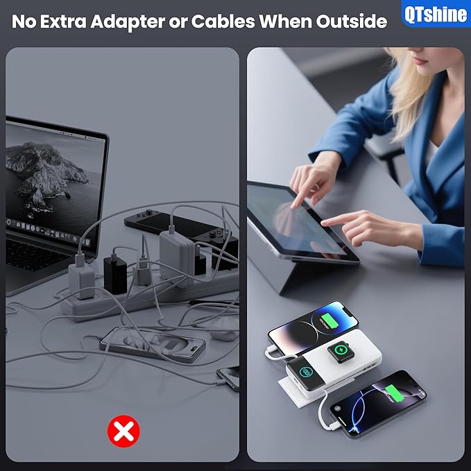 Portable Charger 40800mAh Power Bank with Built-in Cables,Wall Plug and iWatch Charger,6-in-1 QC4.0+25W PD USB C Fast Phone Charging,LCD Display Battery Pack for iPhone 16/15,Apple Watch,Galaxy-White