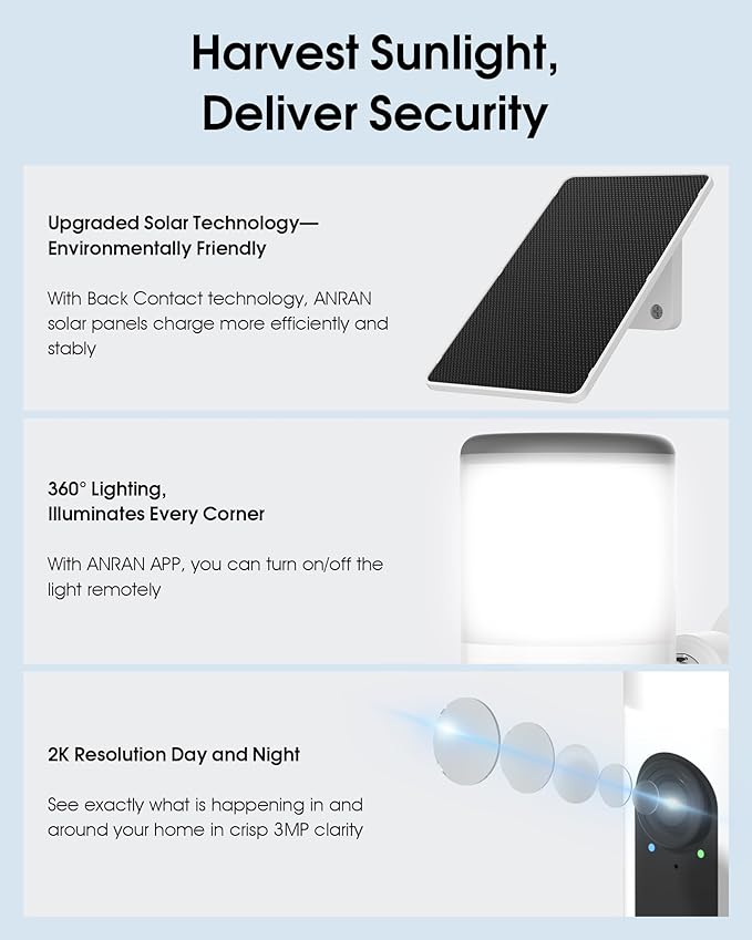 ANRAN Solar Security Cameras Wireless Outdoor with Light,2K Porch Floodlight Camera with Color Night Vision & AI Motion Detection,2-Way Talk Spotlight Siren Alarm,Compatible with Alexa