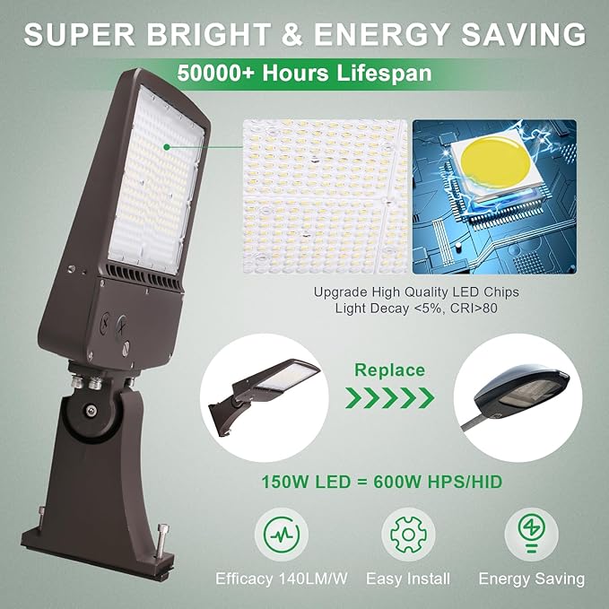 150W LED Parking Lot Light, 5700K 21000LM LED Shoebox Area Light [600W MH/HPS Equiv.], 0-10V Dimmable Outdoor Pole Flood Lights with Arm Mount, IP65 20KV Surge Protection AC100-277V UL&DLC Listed