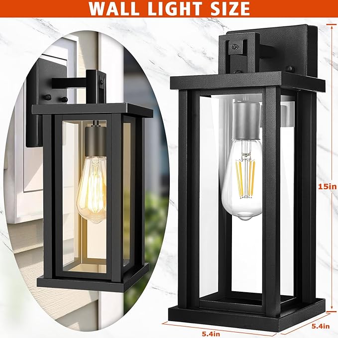 DBF Outdoor Wall Lanterns, Exterior Waterproof Wall Sconces Light Fixtures, Black Porch Lights Outside with Clear Glass, E26 Base Anti-Rust Heavy Duty Metal for House Garage Front Door, 2 Pack