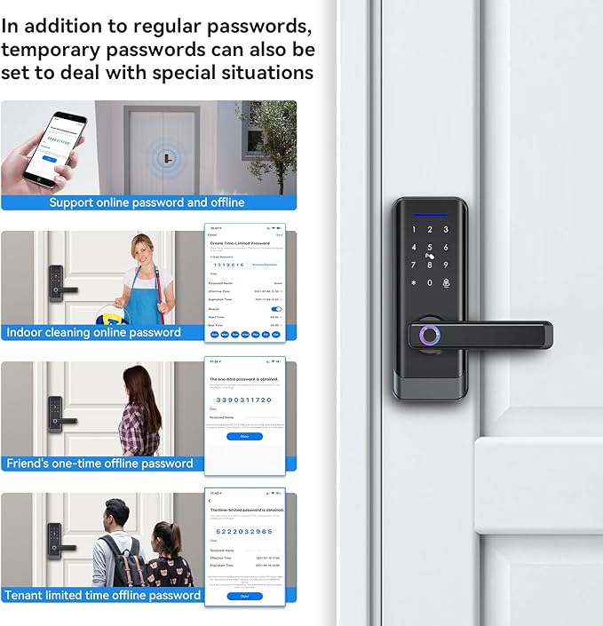 Smart Front Door Lock with Lever Handle, Keyless Entry Keypad Fingerprint Deadbolt, APP Control Biometric Electronic Digital Touchscreen Knob Set