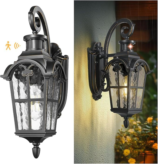 Emliviar Motion Sensor Outdoor Wall Light, Porch Wall Lamp with Water Glass, 18.7" Waterproof Exterior Sconce Wall Mount, Black Finish with Gold Edges, WE305B-SE BG-SW