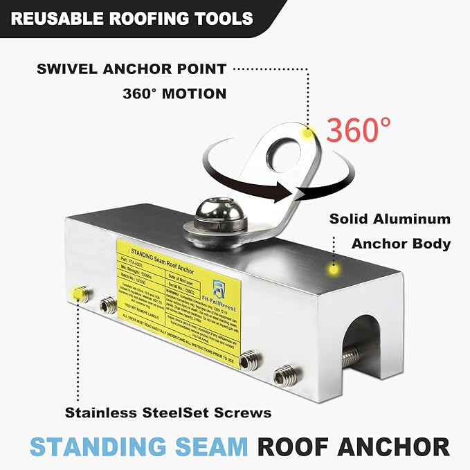 Fall Protection Standing Seam Roof Anchor Clamp with 360° Swivel Point | Fall Arrest Roofing Harness Safety Kit | Aluminum Alloy Anchor | OSHA/ANSI Compliant | Bolts and washers included (8inches)