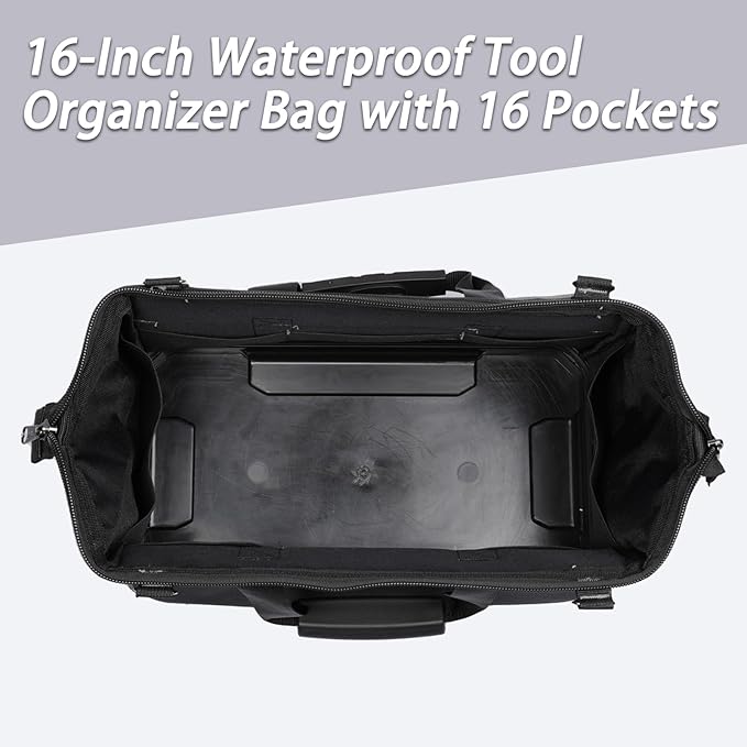 Heavy-Duty Tool Bag with 16 Pockets, 16-Inch Waterproof Tool Organizer with Reinforced Base, Adjustable Shoulder Strap, Ideal for Electricians, Carpenters, DIY Projects, Father's Day Birthday Gift