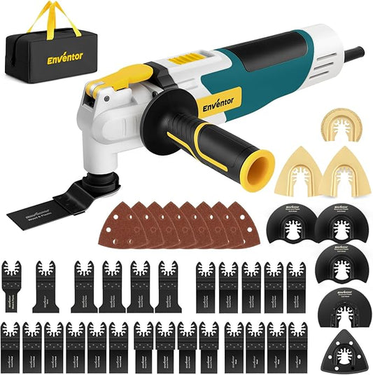 Enventor Multi Tool Saw, Electric Oscillating Saw with 43PCS Accessories, Auxiliary Handle, 15000-22000 OPM, 6 Variable Speeds, 3°Oscillation Angle for Cutting, Scraping, Sanding