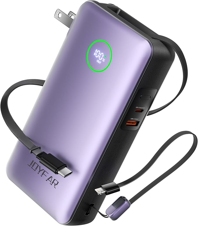 Portable Charger Power Bank - Laptop Battery Pack 65W AC Plug GaN 25000mAh Built in Cable USB C Phone Fast Charging Compatible with iPhone 16 15 14 13 12 11 X iPad MacBook Samsung (Purple)