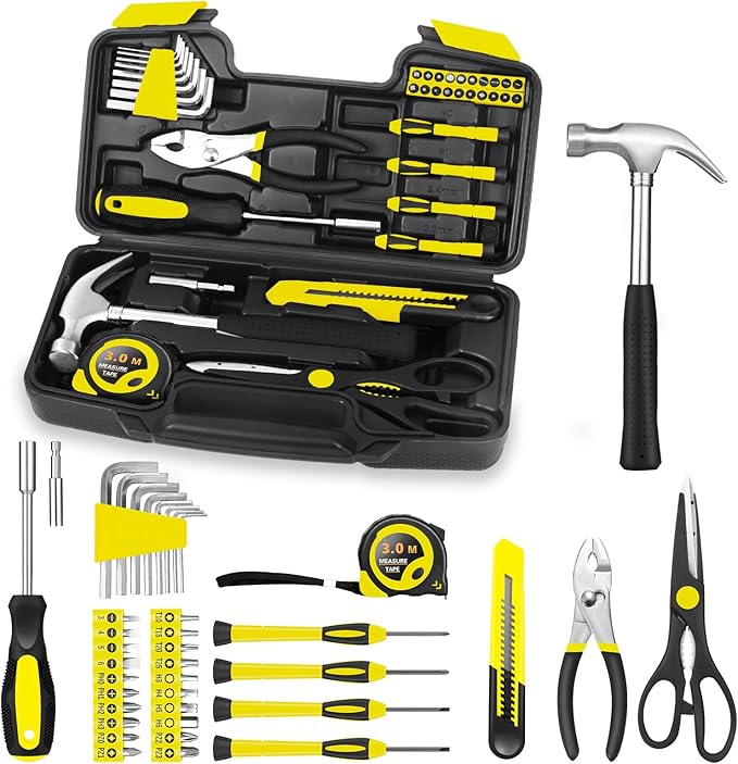 39 Piece Tool Set General Household Tool Kit - Basic Home Tool Set Small Hand Tool Kit with Plastic Toolbox Storage Case for Home Garage Office College Dormitory Use Yellow