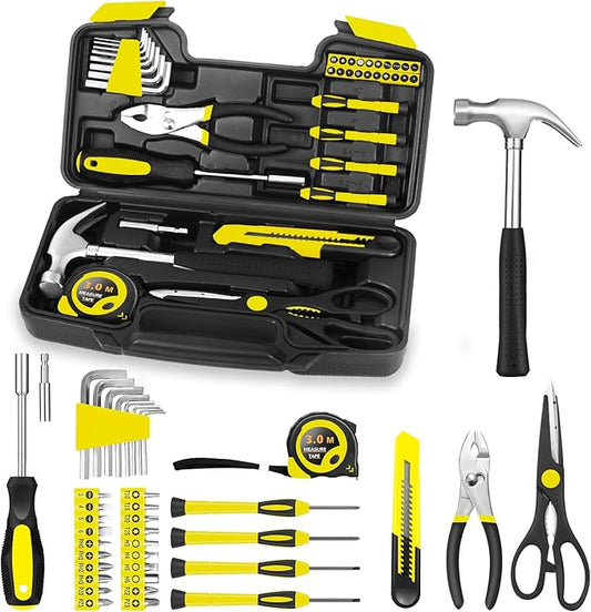 39 Piece Tool Set General Household Tool Kit - Basic Home Tool Set Small Hand Tool Kit with Plastic Toolbox Storage Case for Home Garage Office College Dormitory Use Yellow