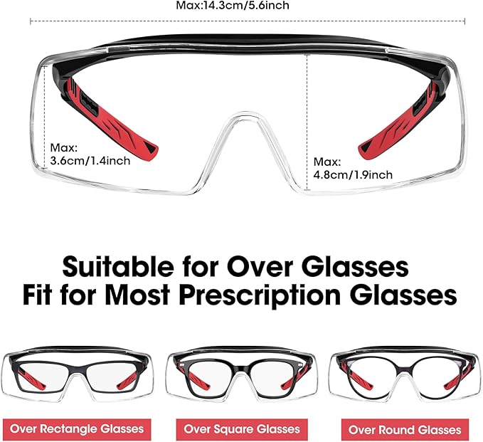 Safety Goggles Over Glasses, Anti-Fog Clear Wraparound Lens, Safety Glasses Over Eyeglasses, Anti-Scratch Lab or Shooting Glasses Eye Protection, Adjustable, UV Protective Eyewear ANSI Z87.1