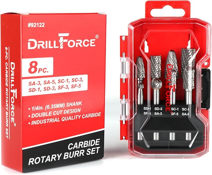 8PCS Carbide Burr Set 1/4" Shank, Double Cut Tungsten Carbide Rotary Tool Attachment Kit Rasp Accessories for Die Grinder Metal Wood Carving, Engraving, Polishing, Grinding