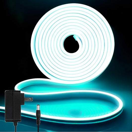 iNextStation Ice Blue Led Strip Lights, 16.4Ft/5m Neon Led Light Strip with Power Adapter, 12V Waterproof Silicone Flex LED Rope Lights for Bedroom Wall Festival Party Neon Sign DIY Decor