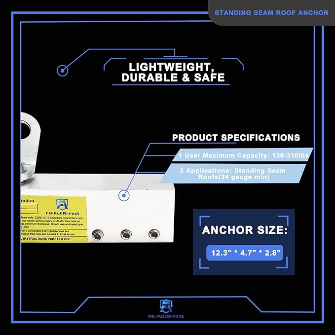Fall Protection Standing Seam Roof Anchor Clamp with 360° Swivel Point | Fall Arrest Roofing Harness Safety Kit | Aluminum Alloy Anchor | OSHA/ANSI Compliant | Bolts and washers included