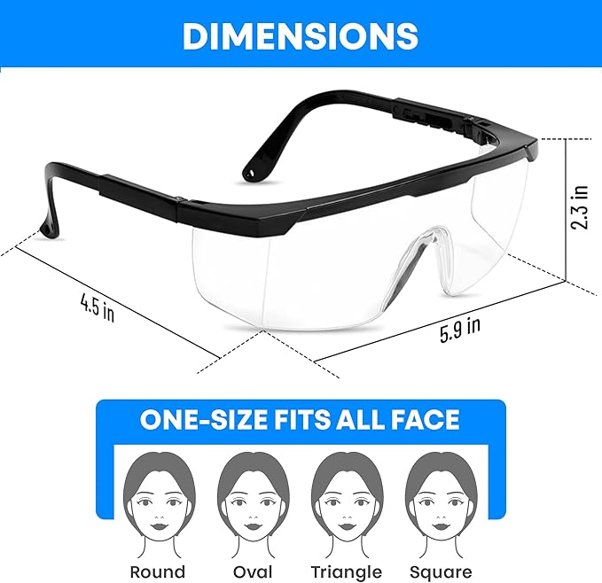 Safety Glasses, Full Coverage Lens, Built-in Brow Guard, UV Resistant, Anti-Fog, Anti-Scratches, Impact Resistant, Adjustable Side Frames, One Size Fits All, 12 Pack
